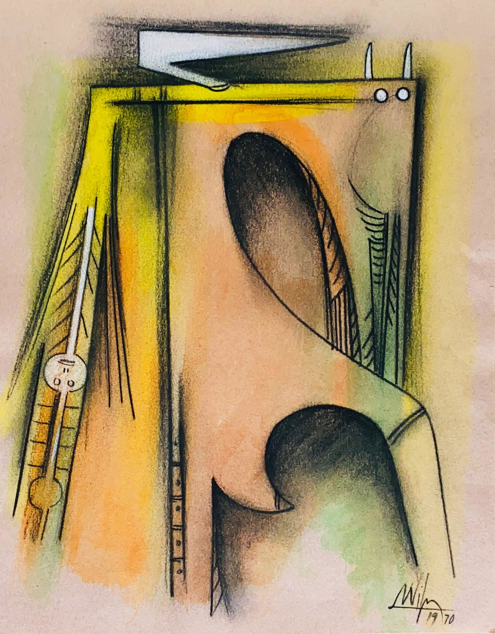 WIFREDO LAM, Gouache and Charcoal on Paper (Attrib): WIFREDO LAM (1902-1982) Title: Untitled, Medium: Gouache and Charcoal on Paper, Date: 1970, Size: 13.75" H x 11" W (in). w/C. of Attribution. Cuban painter known for his synthesis of Modernist aesthet