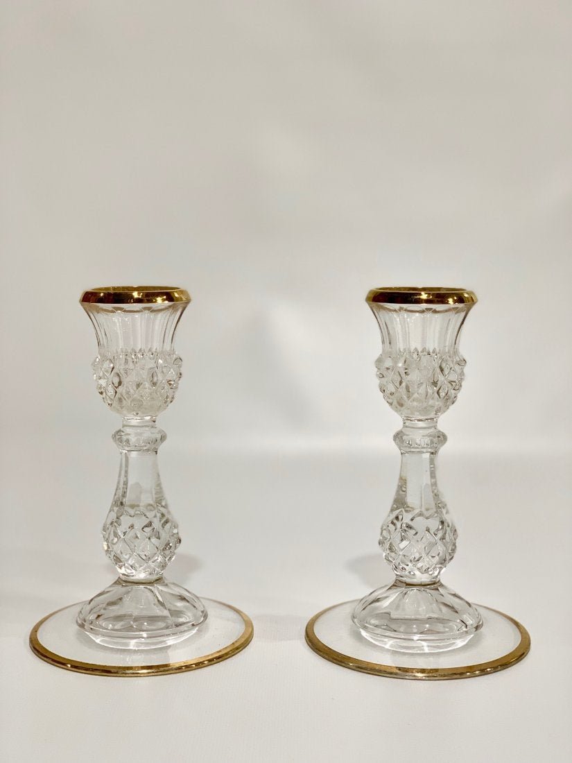 Pair of Candelabra, Bohemian Crystal with 22k gold: Pair of Candelabra, Bohemian Crystal with 22k gold finish. Sise: 6.50" H x 4.25" W in.