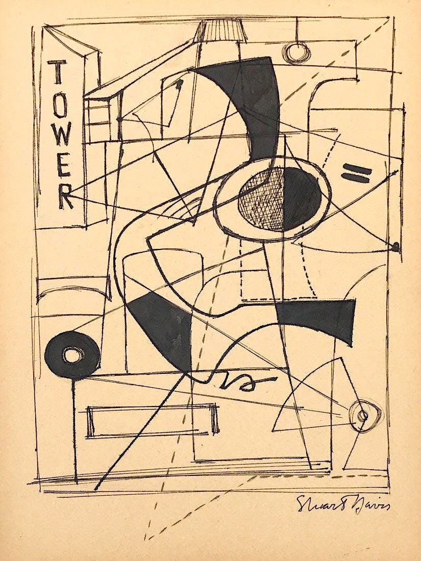STUART DAVIS, Ink on Paper (Attrib.): STUART DAVIS (1892-1964) Title: Untitled (TOWER), Medium: Ink on Paper, Date: ca. 1935-40, Size: 12 H x 9 W in. w/C. of Attribution. Was an American Modernist painter best known for his brilliantly co