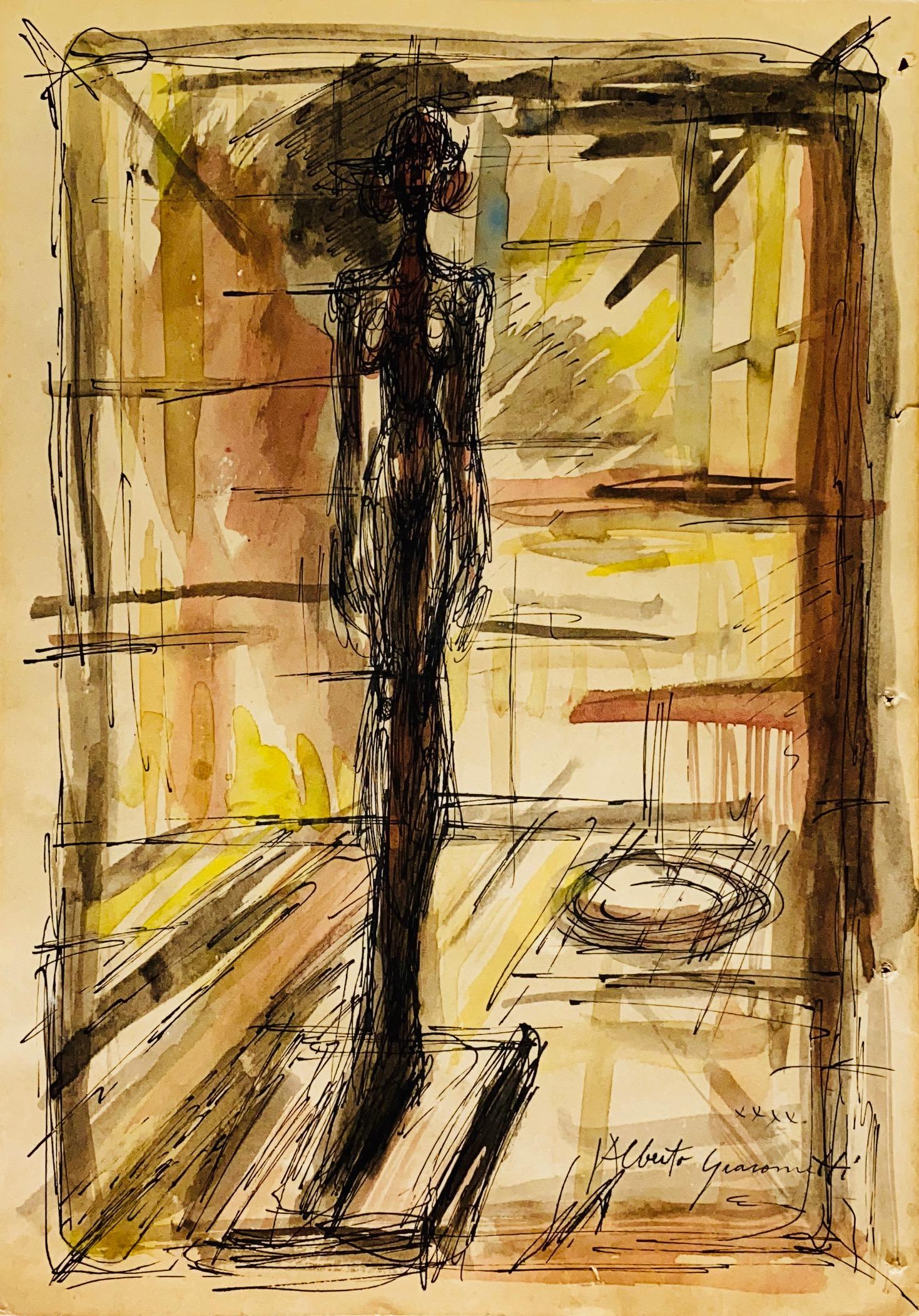 ALBERTO GIACOMETTI, Ink and Gouache on Paper (Attrib.): ALBERTO GIACOMETTI (1901-1966) Title: Untitled, Medium: Ink and Gouache on Paper, Date: ca. 1960, Size: 12.50" H x 8.75" W (in). w/C. of Attribution. Was a Swiss artist known for his totemic sculpture