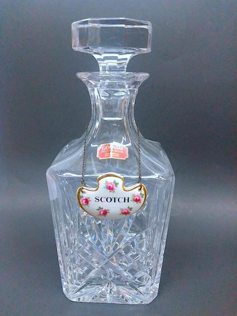 Beautiful Gorham Crystal Scotch Decanter: Wonderful Condition, With Royal Adderley Porcelain Floral Label.