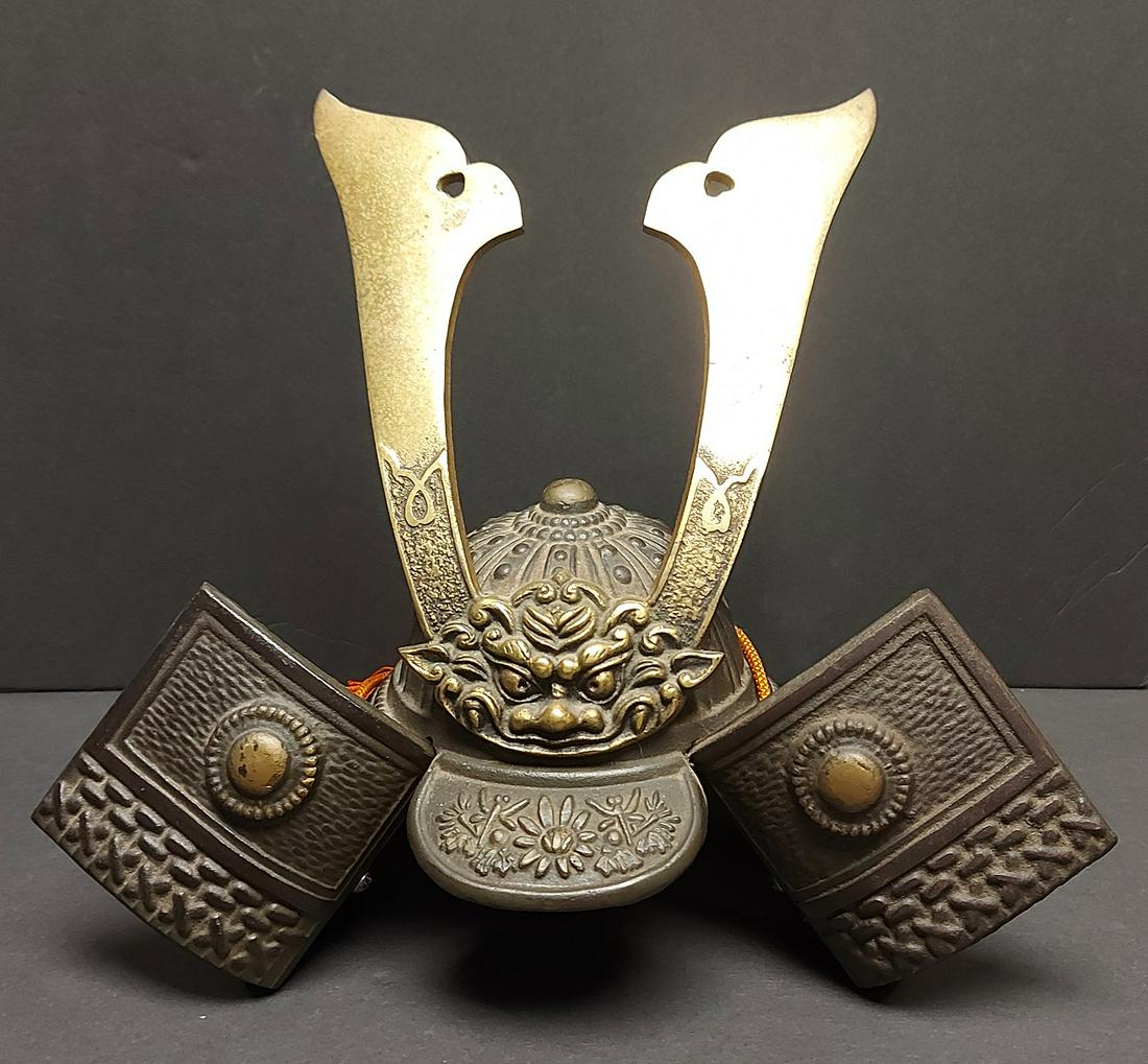 Vintage Style Japanese Samurai Bronze Helmet: Vintage Style Japanese Samurai Bronze Helmet, This is not not life, size. Measures 12" w x 8.5" d x 10.25 h