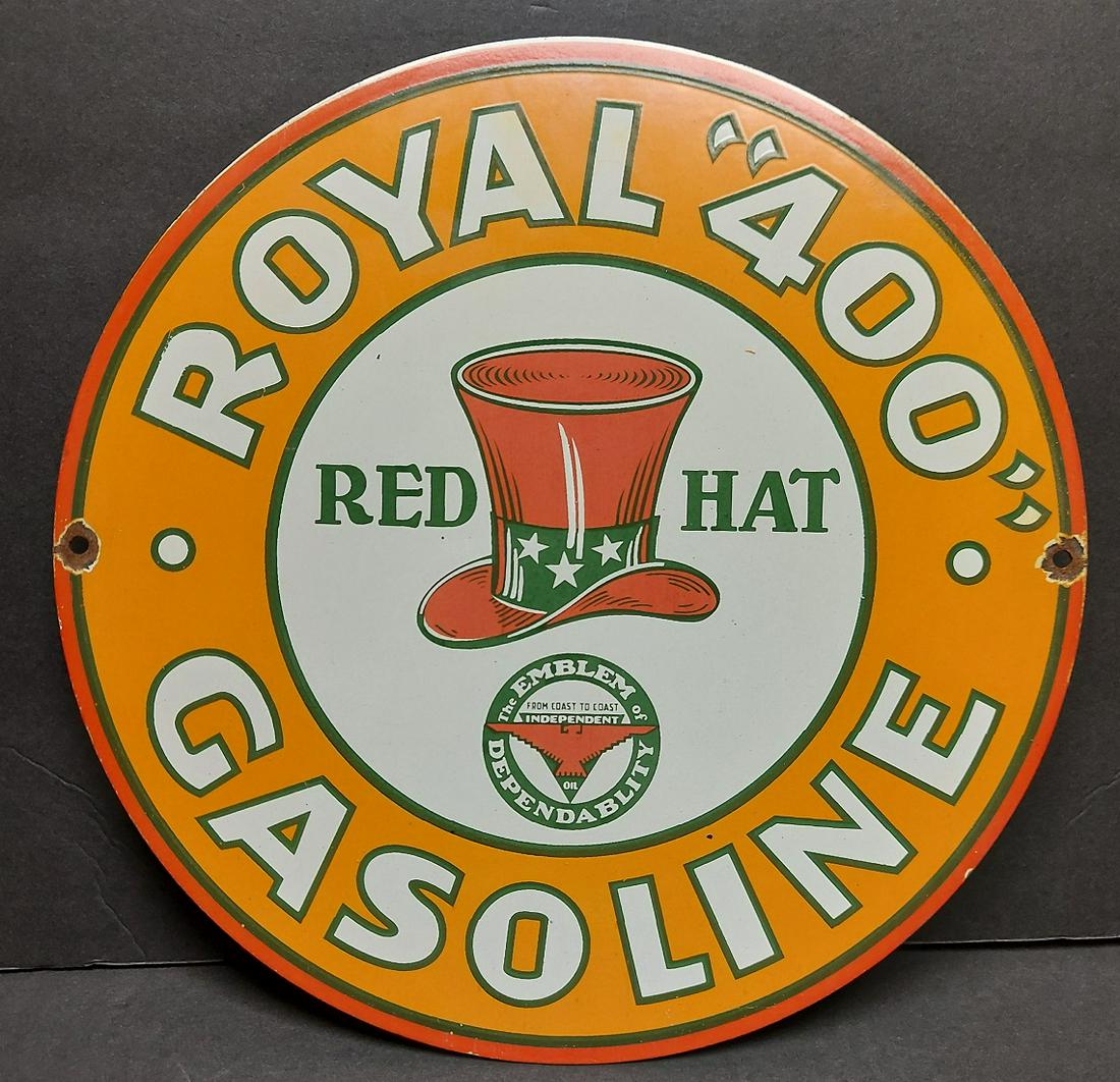 Vintage Royal Gasoline Porcelain Advertising Sign: Vintage Porcelain Sign "Royal 400 Red Hat Gasoline" Advertising, We are unsure of exact age. Very Cool Piece. 12" Diameter
