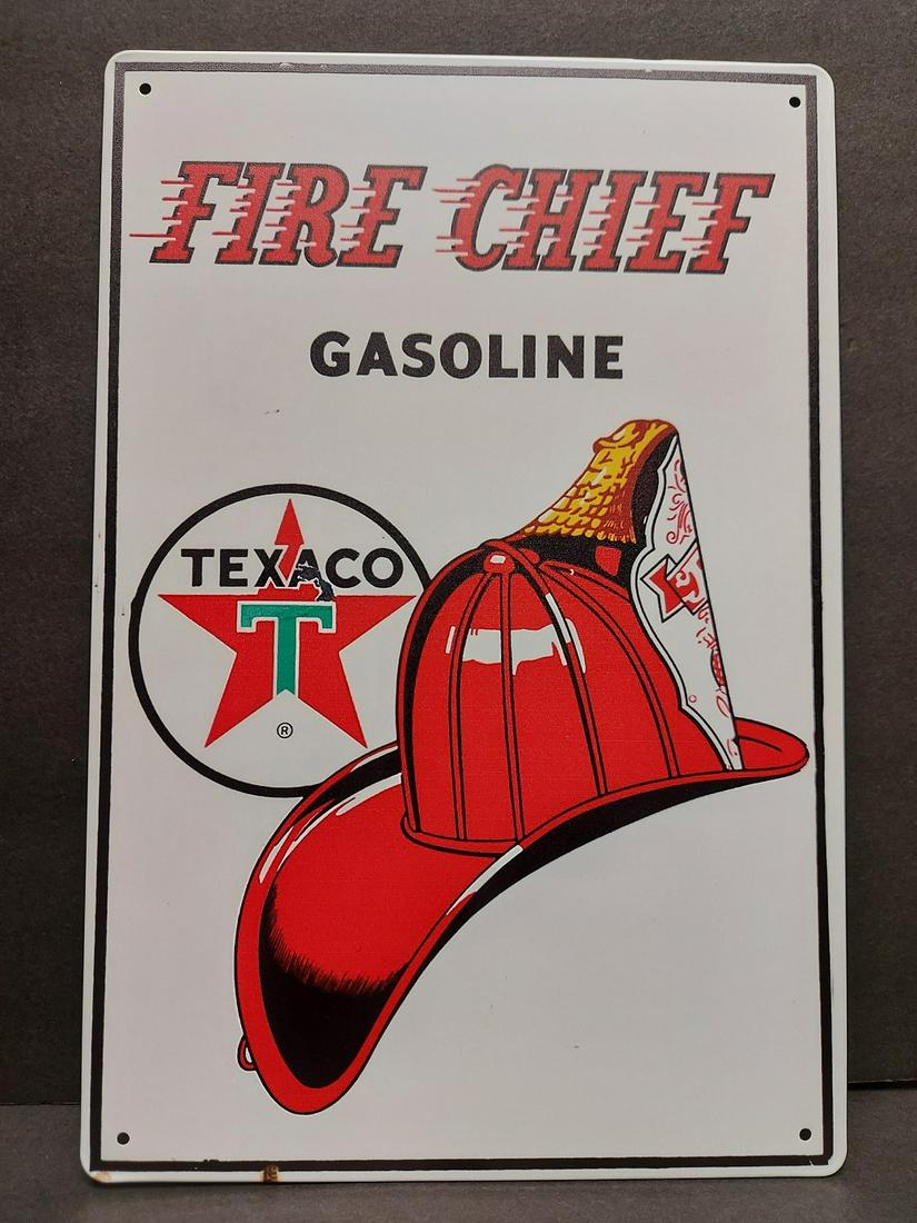 Vintage Style Texaco Fire Chief Gasoline Advertising: Vintage Style Texaco Fire Chief Gasoline Advertising Sign. This is a modern sign made to look old or like a vintage sign. Approx 12" x 8
