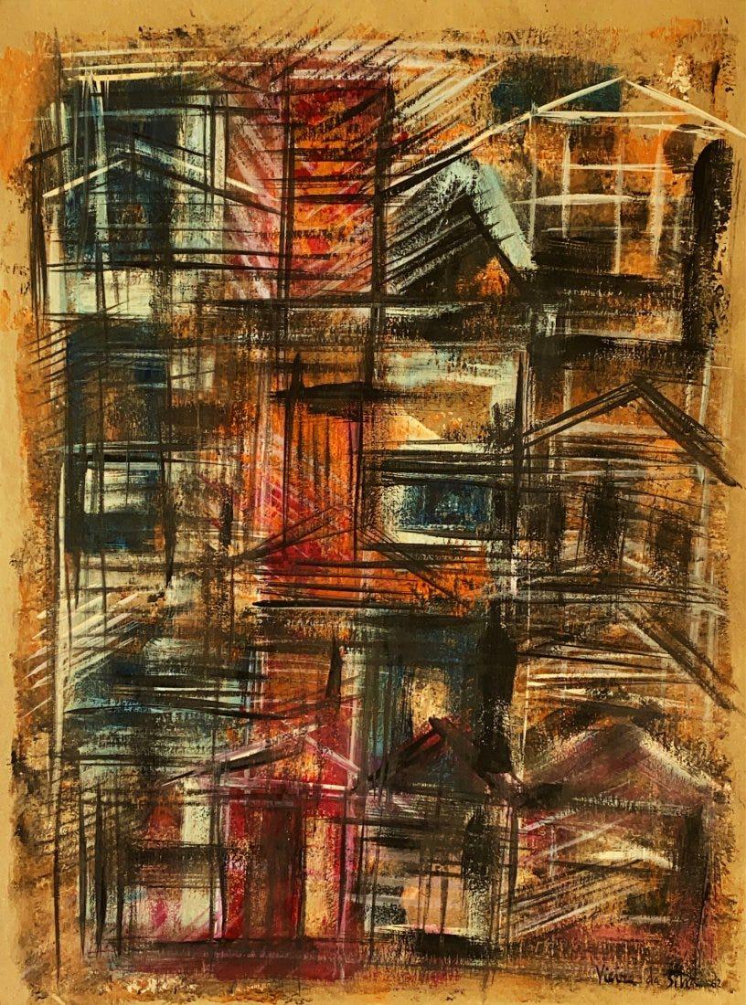 Ma. H. Vieira Da Silva, Mixed Media / Cardboard (Attrib: MARIA HELENA VIEIRA DA SILVA (1908-1992) Title: Untitled, Medium: Mixed Media on Cardboard, Size: 24" H x 18" W (inches), Date: 1962. w/C. of Attribution. Was a French-Portuguese painter. Noted for bl