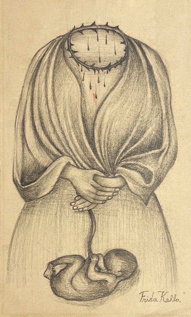 FRIDA KAHLO, Pencil on Paper.: FRIDA KAHLO (1907-1954) Title: En mis entrañas, Medium: Pencil on Paper, Date: ca. 1945-46, Size: 14" H x 8.50" W (inches). COA by Mrs. Ruth Alvarado Rivera. Was a celebrated Mexican painter known fo
