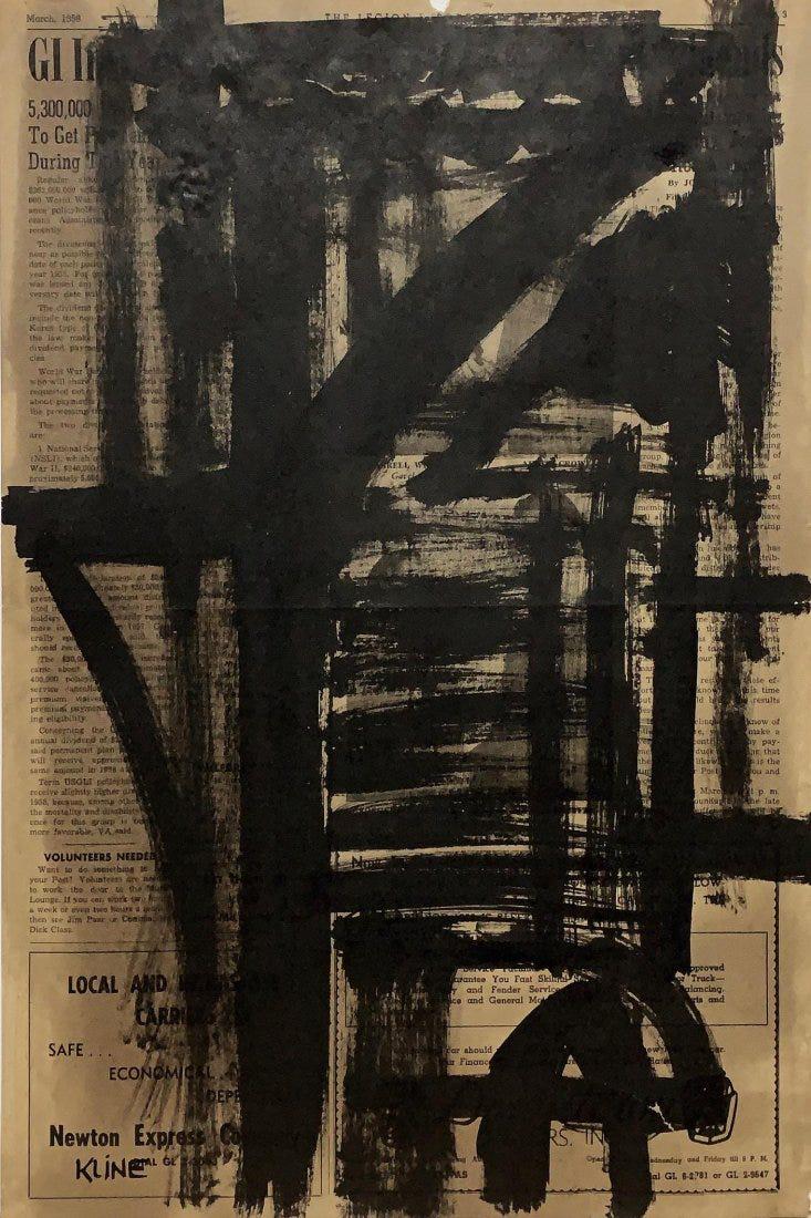 FRANZ KLINE, Oil on Newspaper (Attrib.): Attributed to FRANZ KLINE (1910-1962) Title: Untitled, Medium: Oil on Newspaper, Date: 1958, Size: 17.50" H x 12" W (in). This lot is accompanied by a Certificate of Attribution and is not a reproduct