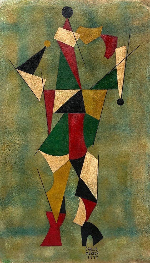 CARLOS MERIDA, Oil and Pen on Cardboard (Attrib.): Attributed to CARLOS MERIDA (1891-1984) Title: Untitled, Medium: Oil and Pen on Cardboard, Date: 1977, Size: 18" H x 11.50" W (in). This lot is accompanied by a Certificate of Attribution, is not a re