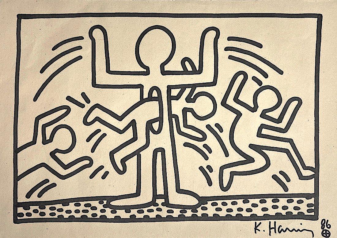 KEITH HARING, Marker on Paper: Attributed to KEITH HARING (1958-1990) Title: Untitled, Medium: Marker on Paper, Size: 8.25" H x 11.75" W (in), Date: 1986. This lot is accompanied by a Certificate of Attribution and is not a reprodu