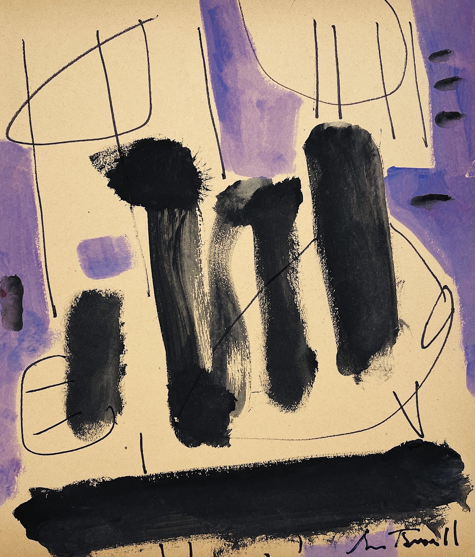 ROBERT MOTHERWELL, Gouache on Paper: Attributed to ROBERT MOTHERWELL (1915-1991) Title: Untitled, Medium: Gouache on Paper, Size: 12.25" H x 11" W (in), Date: ca. 1975-80. This lot is accompanied by a Certificate of Attribution, is not a