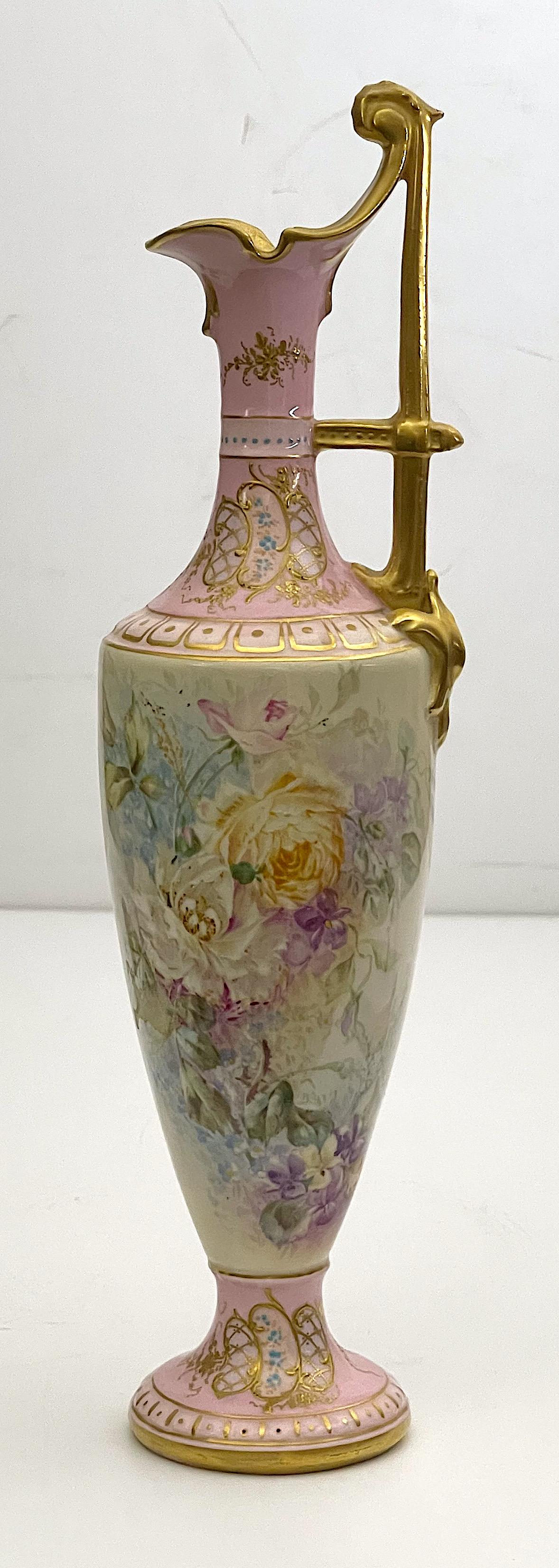 19th Century Royal Bonn Pitcher: 19th Century Royal Bonn Pitcher With floral detail, hand painted, 24k gold leaf. Royal Bonn markings below. 14 "H x 4" W (in).