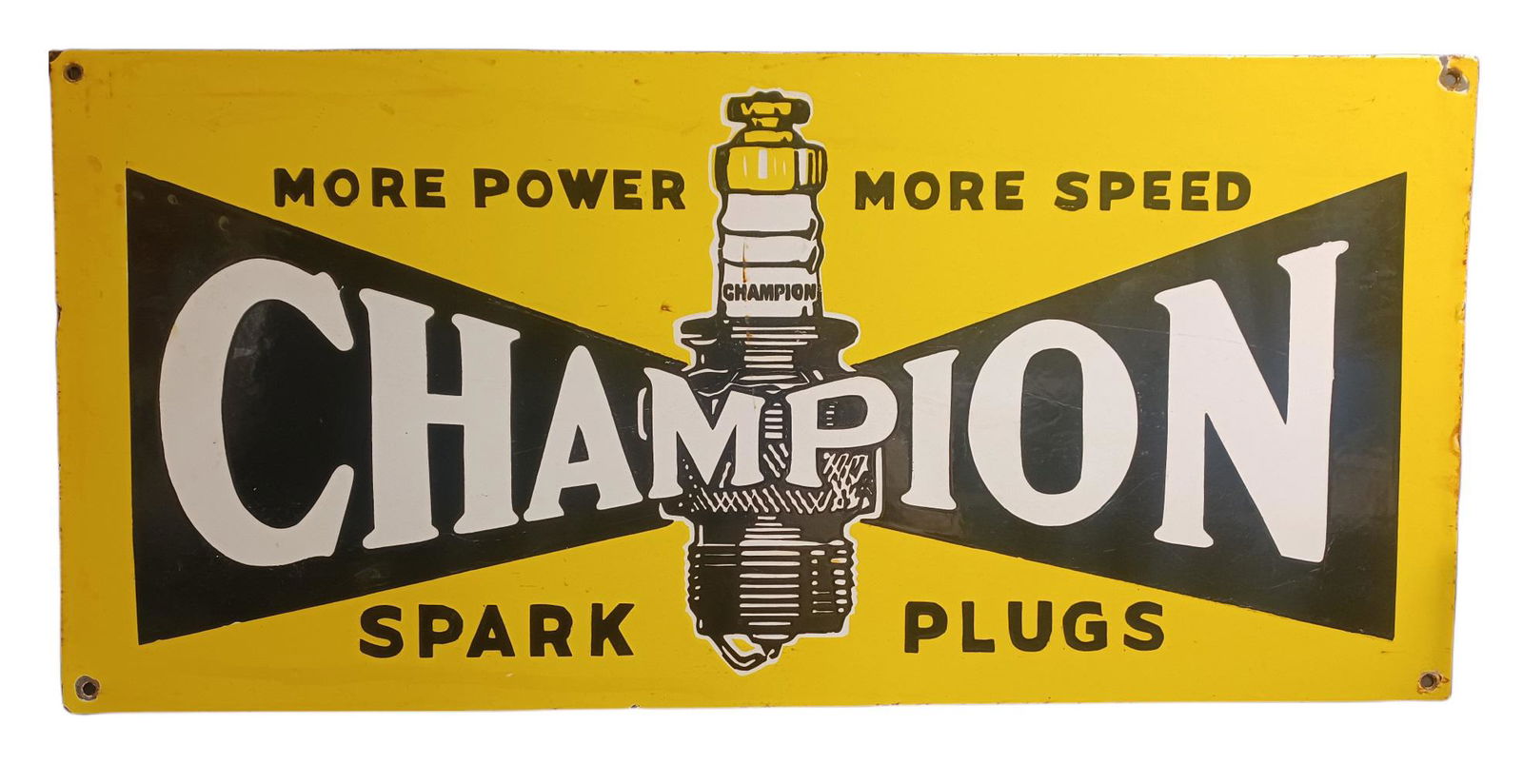 Vintage Porcelain Champion Spark Plugs Advertising Sign: Vintage Porcelain Champion Spark Plugs Advertising Sign, From Local Collection, we are unsure of exact age. 14 x 30 in