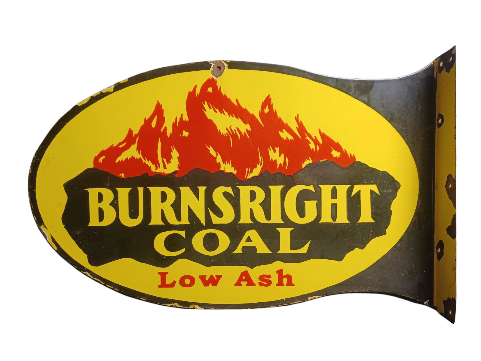 Vintage Porcelain Burnsright Coal Flange Advertising: Vintage Porcelain Burnsright Coal Flange Advertising Sign, From Local Collection, we are unsure of exact age. 14 x 22.5 in