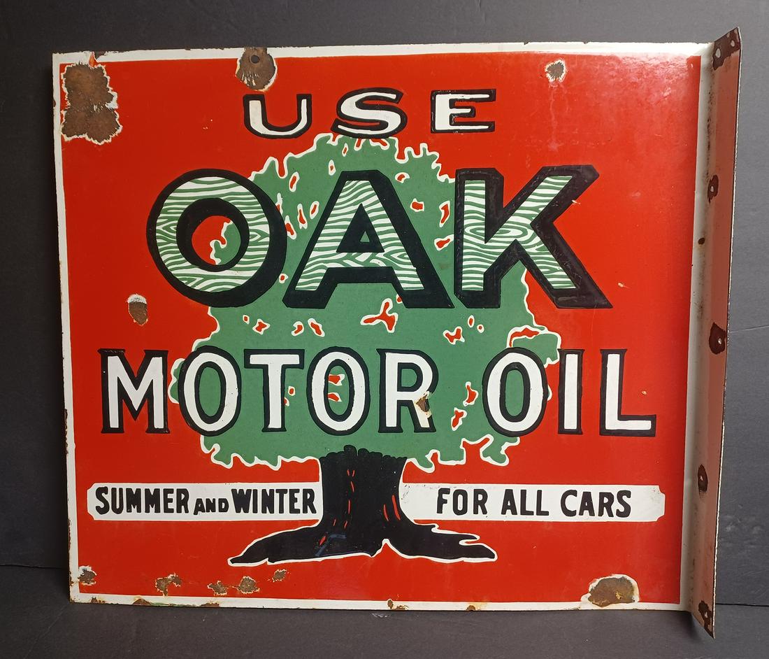 Vintage Porcelain Oak Motor Oil Flange Advertising Sign: Vintage Porcelain Oak Motor Oil Flange Advertising Sign, From Local Collection, we are unsure of exact age. 17.5 x 20 in