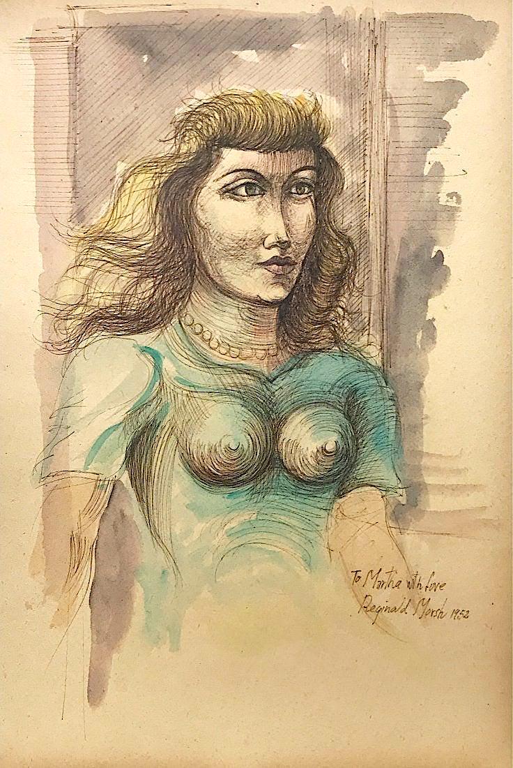 REGINALD MARSH, Gouache and Ink on Paper: Attributed to REGINALD MARSH (1898-1954) Title: Untitled (To Martha with love), Medium: Gouache and Ink on Paper, Size: 16" H x 11" W (in), Date: 1952. This lot is accompanied by a Certificate of Attr