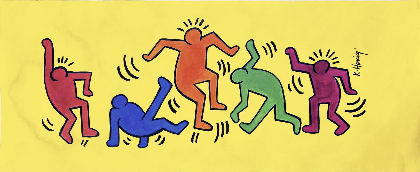 KEITH HARING, Gouache and Marker on Cardboard: Attributed to KEITH HARING (1958-1990) Title: Untitled, Medium: Gouache and Marker on Cardboard, Size: 12.25" H x 30" W (in), Date: ca. 1986. This lot is accompanied by a Certificate of Attribution an