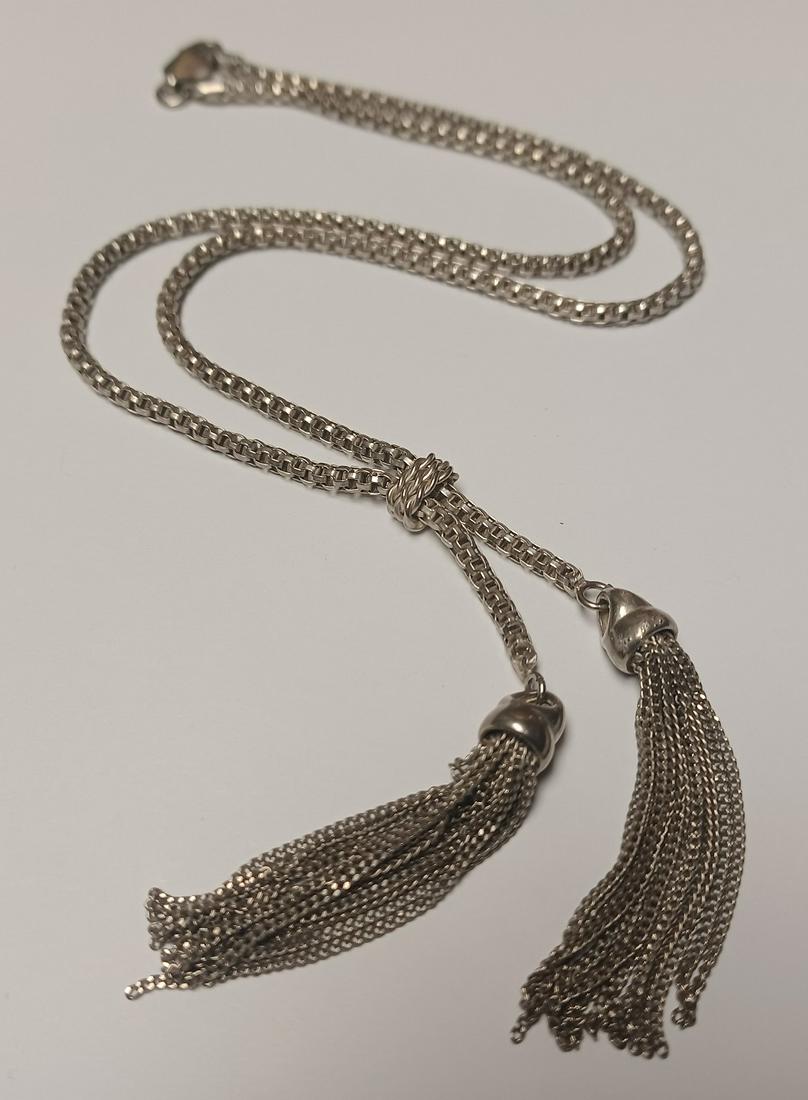 Vintage Sterling Silver Tassel Style Necklace: Vintage Sterling Silver Tassel Style Necklace. Measures 17" (measurement does not include the tassle section)