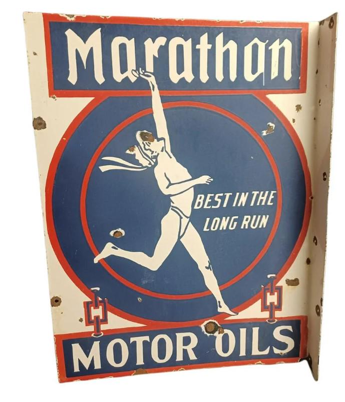 Vintage Porcelain Marathon Oil Flange Advertising Sign: Vintage Porcelain Marathon Oil Flange Advertising Sign, From Local Collection, we are unsure of exact age. 22 x 16.5 in