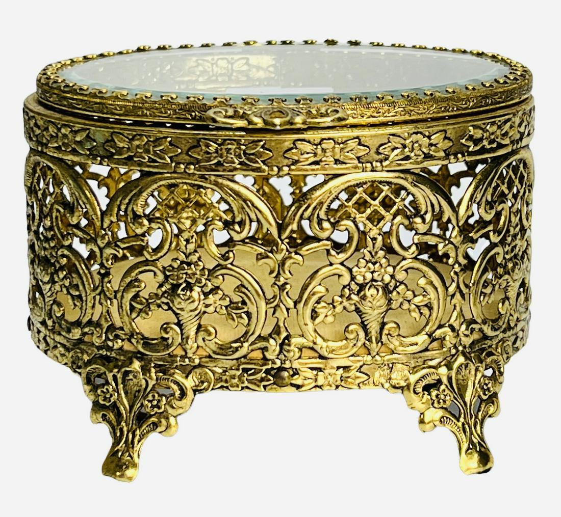 Vintage Ormolu Jewelry Box, Gorgeous, 1950s Jewelry Box: This beautiful vintage filigree brass jewelery box from the 1950's is in very good vintage condition with gold velvet pad. The lid fits securely on the box and I don't see any chipping of the glass or