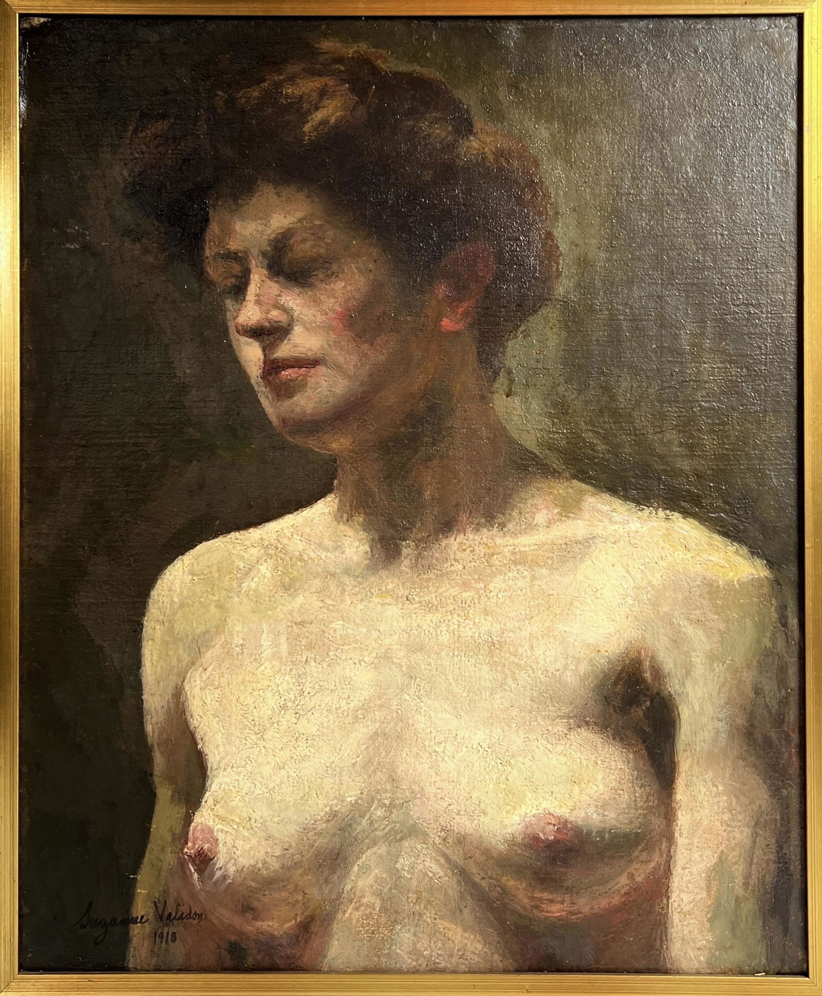 Suzanne Valadon, Oil on canas.: Attributed to Suzanne Valadon (1865-1938) Title: Untitled (Nude woman portrait), Medium: Oil on canvas, Size: 22" H x 18.25" W (inches), Date: 1918. This lot is accompanied by a Certificate of Attribu