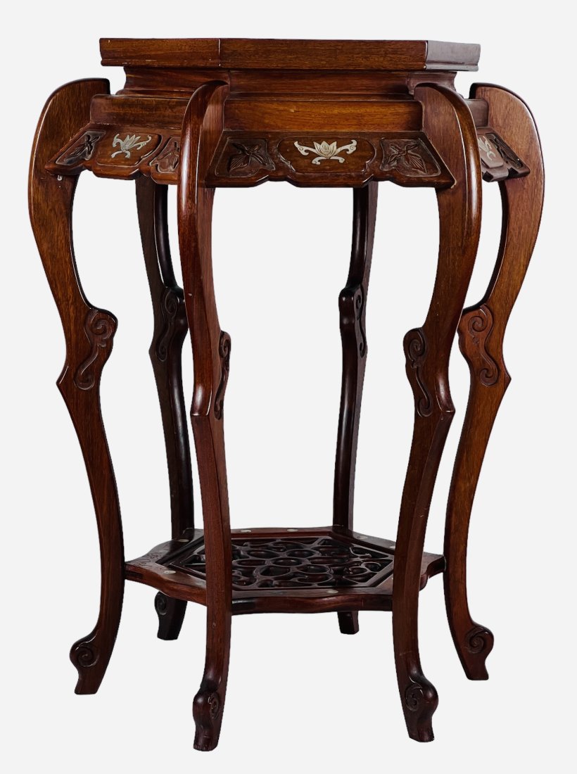 Vintage Chinese carved hexagonal wood table with curved legs and mother of pearl, 1950s. (1 of 5)