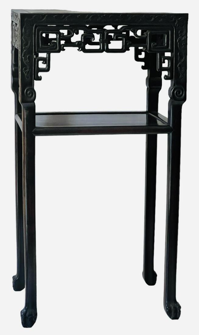 Antique Chinese hand-carved 3-tier rectangular table, late 19th century, marble top. (1 of 6)