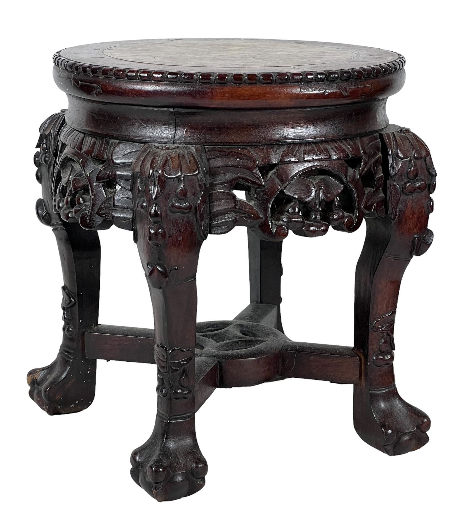 Antique Chinese carved round wooden pedestal table with 4 legs and marble, 1900s. (1 of 6)