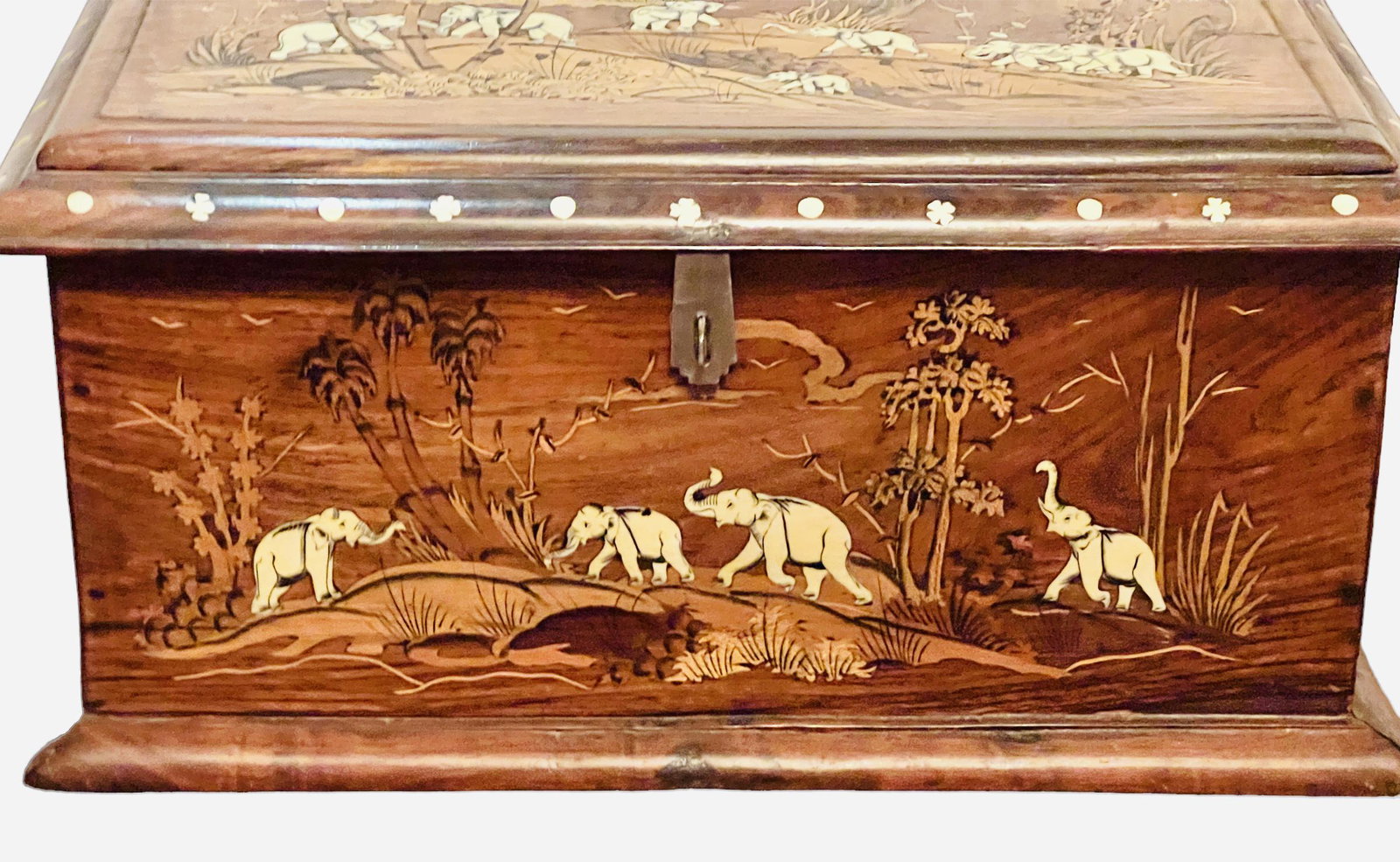 Vintage Anglo-Indian Rosewood Chest, 1950s.: Vintage Anglo-Indian Rosewood Chest, 1950s. Box profuse with contrasting wood and bone inlays, depicting elephants among trees, carefully and uniquely carved, hinged top opening. The interior complete