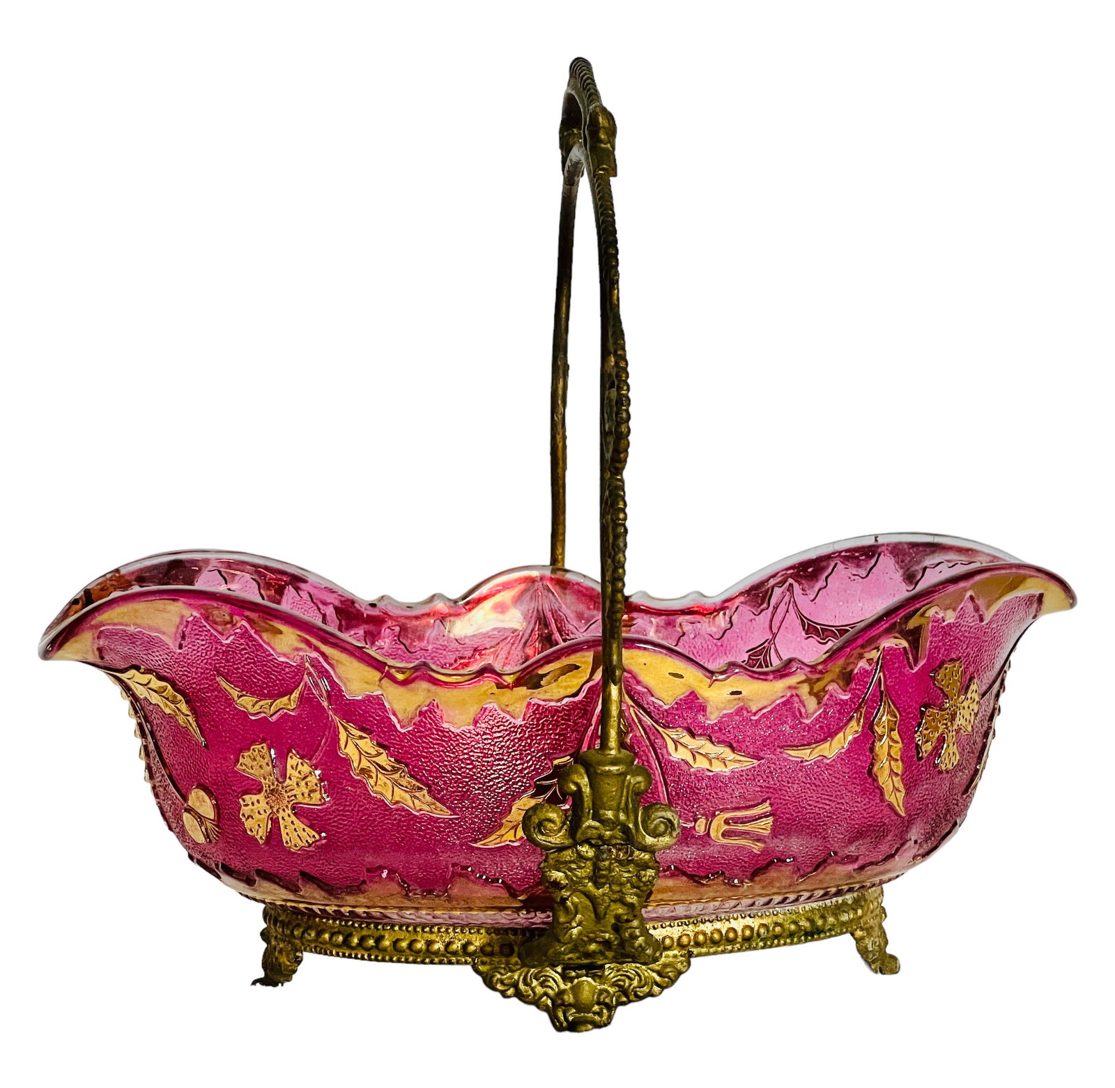Antique Delaware Glass Pink And Gold Bridal Basket, 1900s. (1 of 9)