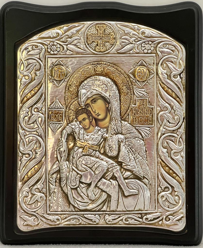 Virgin Mary and child Jesus Byzantine Greek Icon, handmade in silver metal on wooden frame.: Byzantine Greek image of the Virgin Mary and the baby Jesus icon made by hand on silver metal, and hand painted. On the back it has a metal plate, with a description in several languages. Good conditi