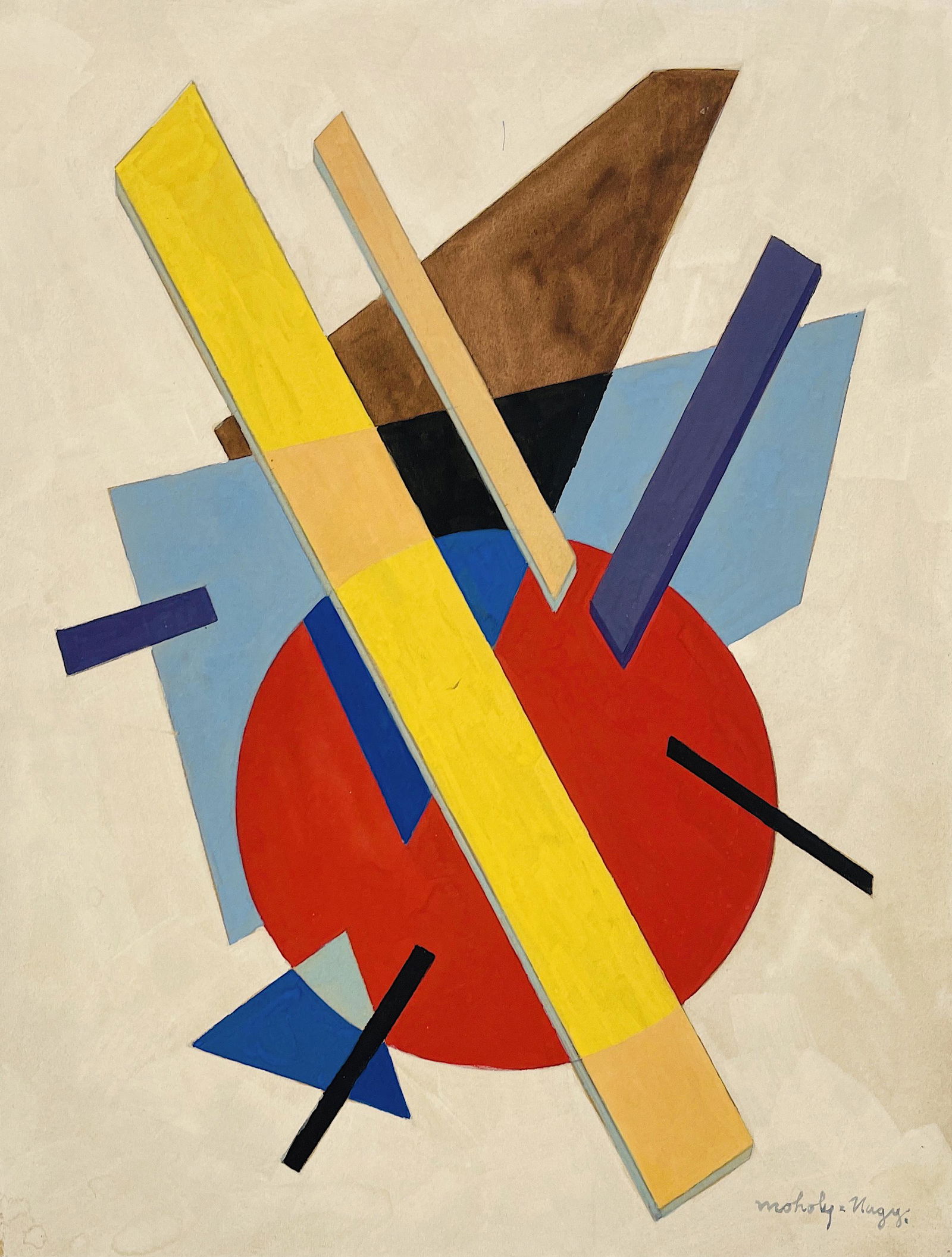 Laszlo Moholy-Nagy, Gouache on paper.: Attributed to Laszlo Moholy-Nagy (1895-1946) Title: Untitled (Composition), Medium: Gouache on paper, Size: 14" H x 10.75" W (inches), Date: ca. 1940-45. This lot is accompanied by a Certificate of At