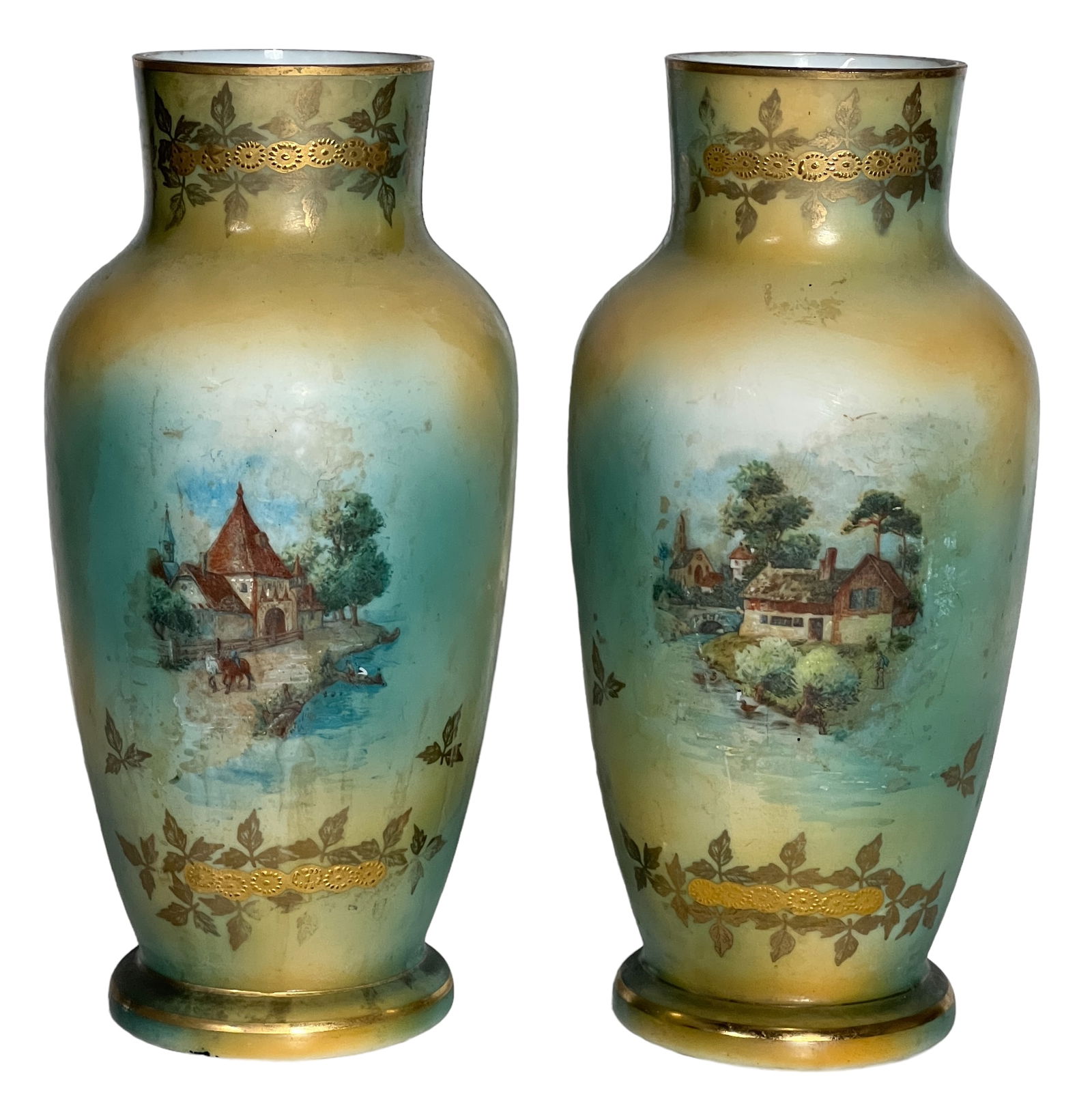 Antique French Pair of Hand-Painted Opaline Vases, 1900s (1 of 14)