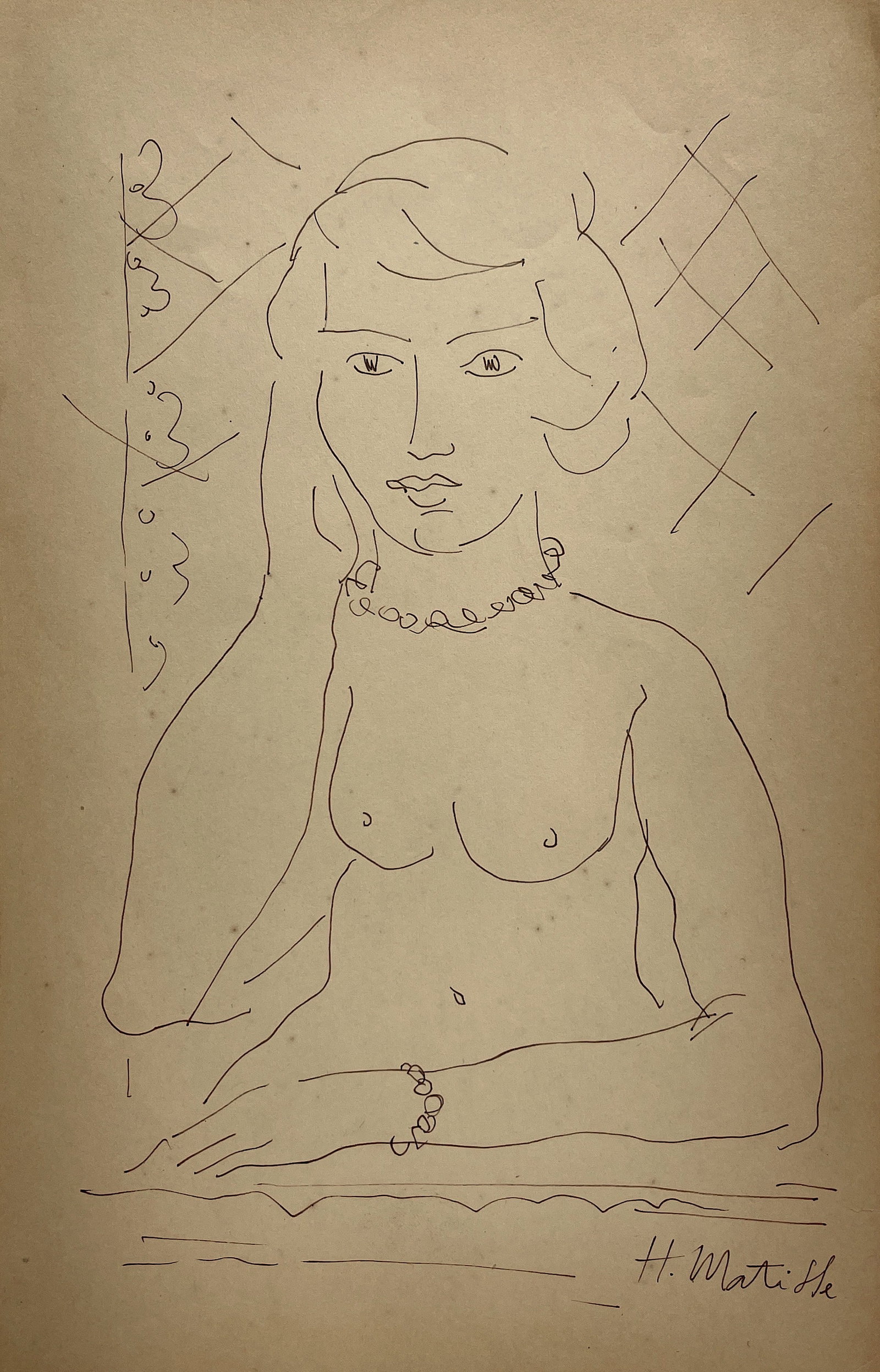 Henri Matisse, Ink on paper.: Attributed to Henri Matise (1869-1954) Title: Untitled (Nude woman portrait), Medium: Ink on Paper, Date: ca. 1930, Size: 11.50" H x 7.25" W (inches). This lot is accompanied by a Certificate of Attri