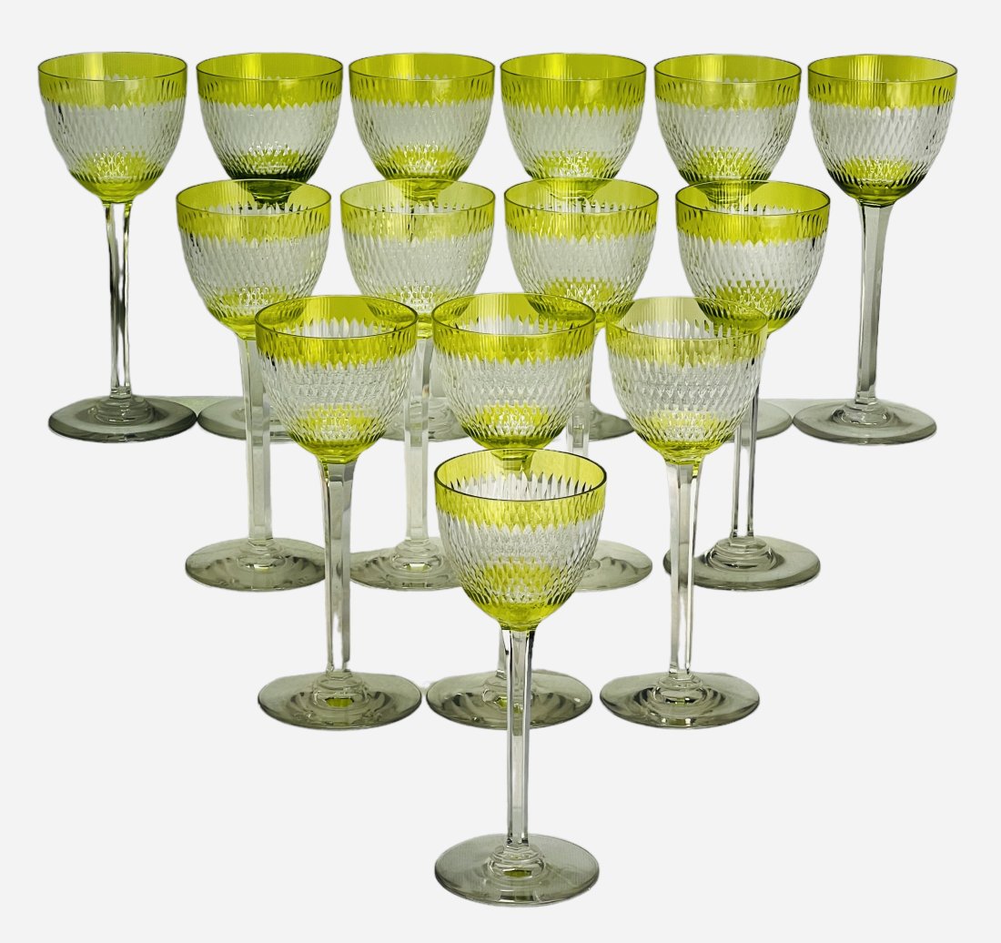 Antique Set of 14 Baccarat Crystal Glasses, Rhine Wine Style. 7.50" H, 1930s.: Antique Set of 14 Baccarat Crystal Glasses, Rhine Wine Style. 7.50" H. Made in France, 1930s. Magenta green color. Each one measures 7.50" H x 3" in diameter. Each one has the Baccarat France brand en