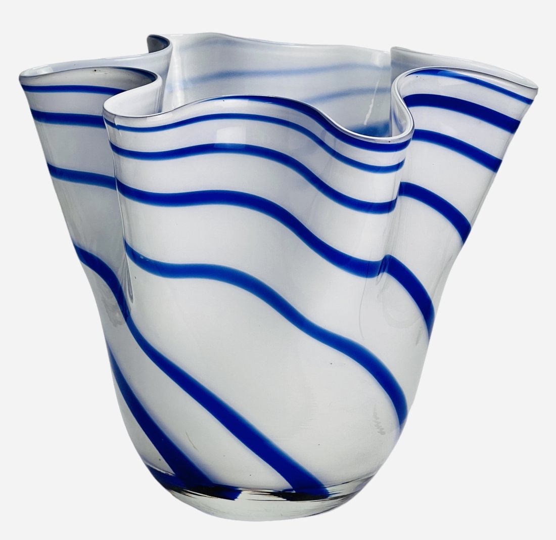Vintage Beautiful Murano Art Glass Handkerchief Vase.: Vintage Beautiful Murano Art Glass Handkerchief Vase White with Blue Stripes. 7"H x 7.50"W (inches). Made in Italy.