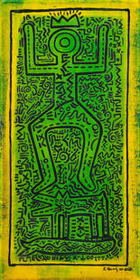 Keith Haring, Acrylic on canvas.: Attributed to Keith Haring (1958-1990) Title: Untitled, Medium: Acrylic on canvas, Size: 24" H x 12" W (inches), Date: 1983. This lot is accompanied by a Certificate of Attribution and is not a reprod