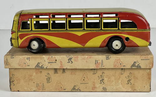 Vintage Tin Toy Wind Up Bus With Original Box: Vintage Tin Toy Wind Up Bus With Original Box. Approx 9.5 in Long