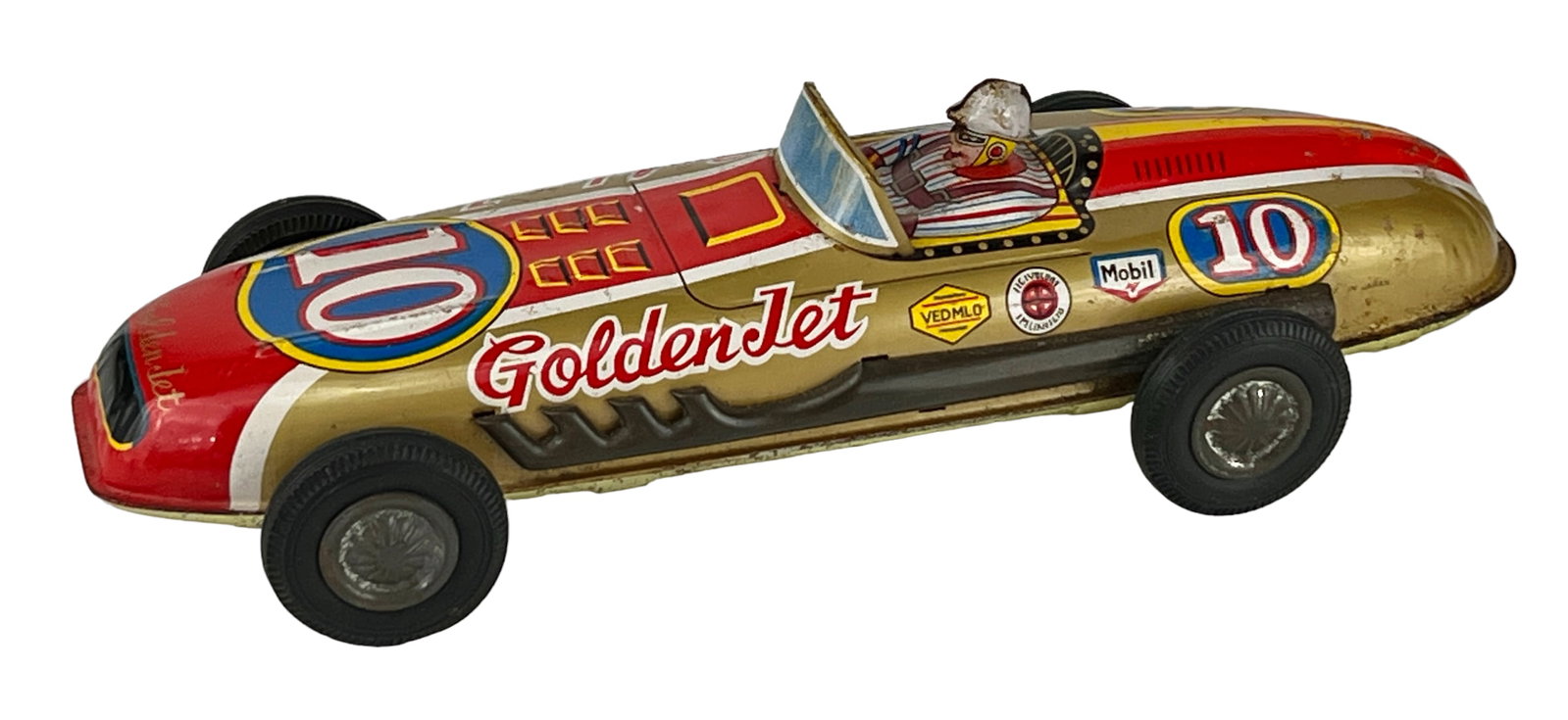 Vintage Tin Friction Japanese Tin Race Car "Golden Jet".: Vintage Tin Friction Japanese Tin Race Car "Golden Jet". Measures: 2.75" H x 3.75" W x 9.75" D (inches).