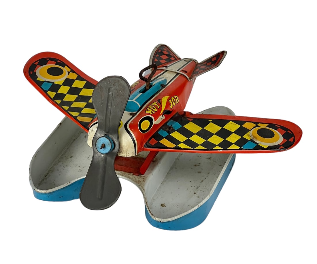 Vintage Japanese Tine Toy Wind Up Plane Toy.: Vintage Japanese Tine Toy Wind Up Plane Toy. Measures: 5.5" H x 10" W x 8" D (inches). (Wind up mechanism seems to be stuck, and selling as not working).