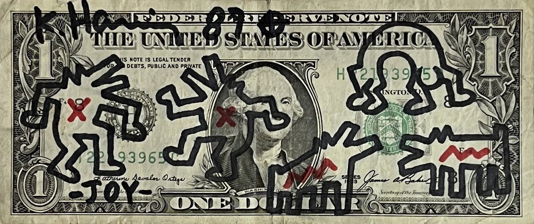 Keith Haring 87, One Dollar Bill drawing, Hand hand Signed. With COA. (1 of 3)
