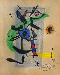 Joan Miro, Pastel and tempera (Mixed media) on paper.: Joan Miro (1893-1993) Title: Untitled (Composition), Medium: Pastel and tempera (Mixed media) on paper, Size: 14" H x 11.75" W (inches), Date: ca. 1960-66. In our opinion, the work that appears and