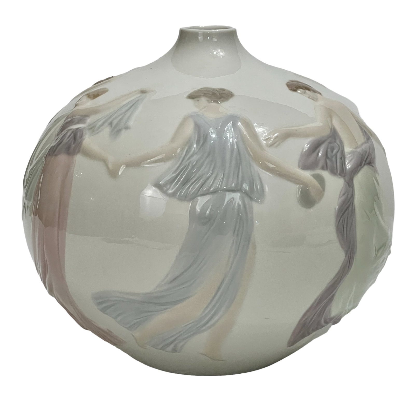 Rare Lladro Porcelain "Grecian Dancers" Vase Ref #5623.3.: Rare Lladro Porcelain "Grecian Dancers" Vase Ref #5623.3. Lladró round porcelain vase titled “Grecian Dancers”, Spanish Name: Bucaro Danzantes Ninfas. Designed by Antonio Ramos. Traditionally