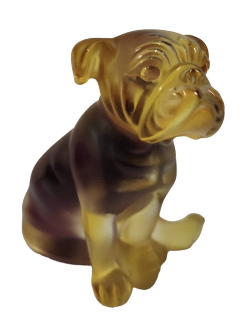 Daum Pate de Verre Style Glass Bulldog Sculpture.: This piece has no signature or marking other than a sticker on the bottom. It's very reminiscent of the style of daum pate de verre pieces. It's a beautiful piece with really great detail. No breaks,