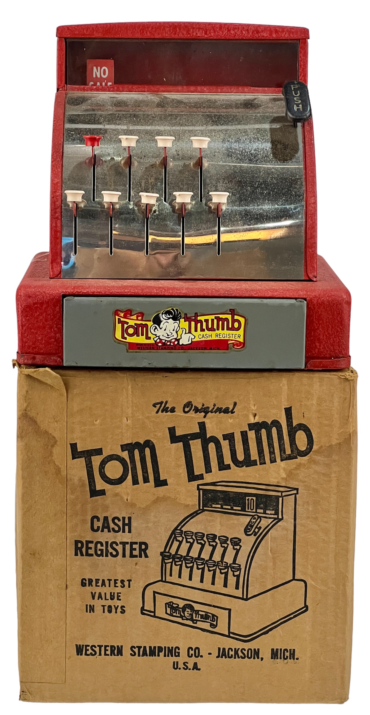 Vintage Tom Thumb Cash Register Tin Toy.: Vintage Tom Thumb Cash Register Tin Toy, With Original Box. 7.75 in Tall x 7.5 in Wide.
