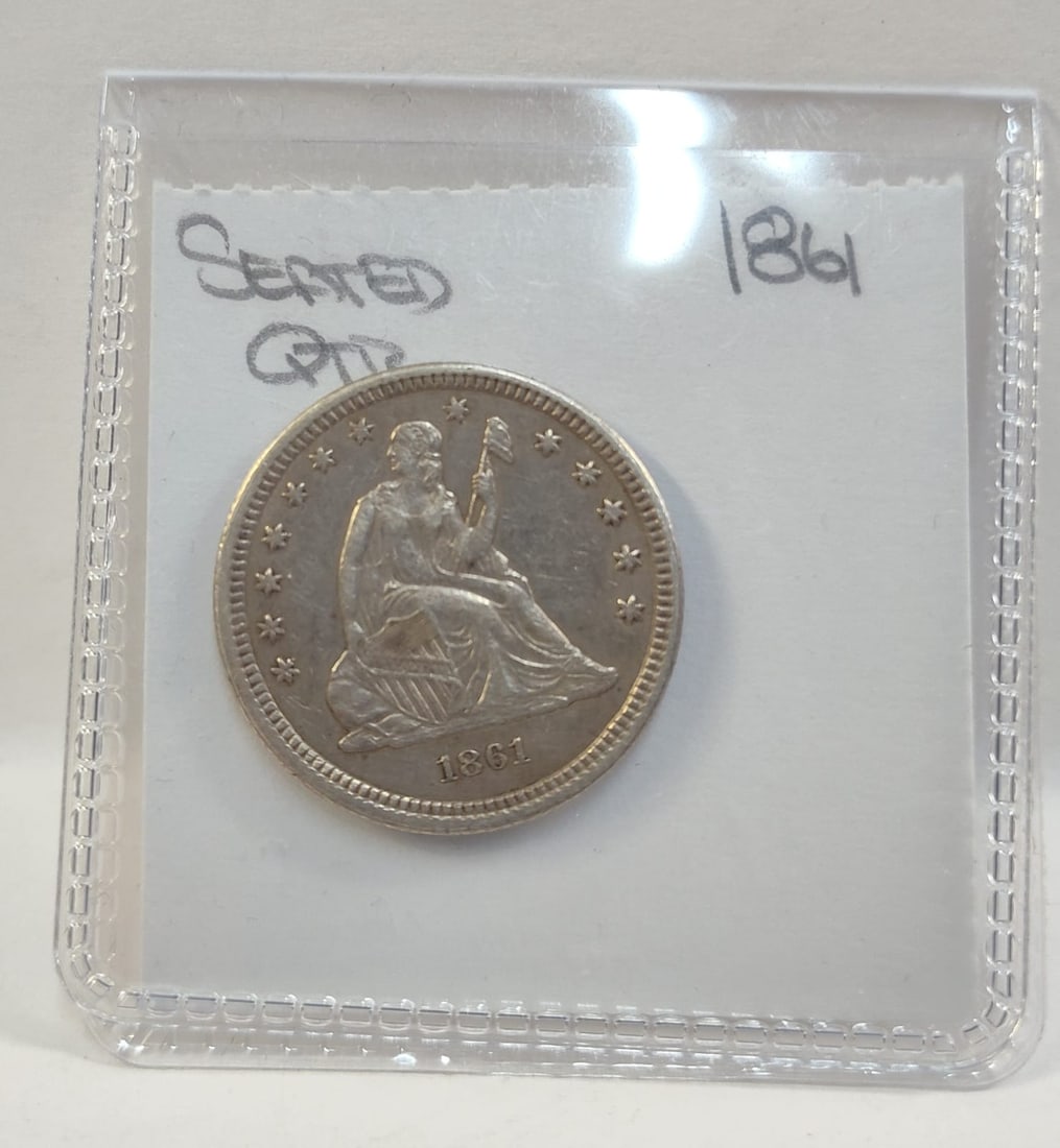 1861 Civil War Era US Seated Liberty Quarter Dollar Coin. (1 of 2)
