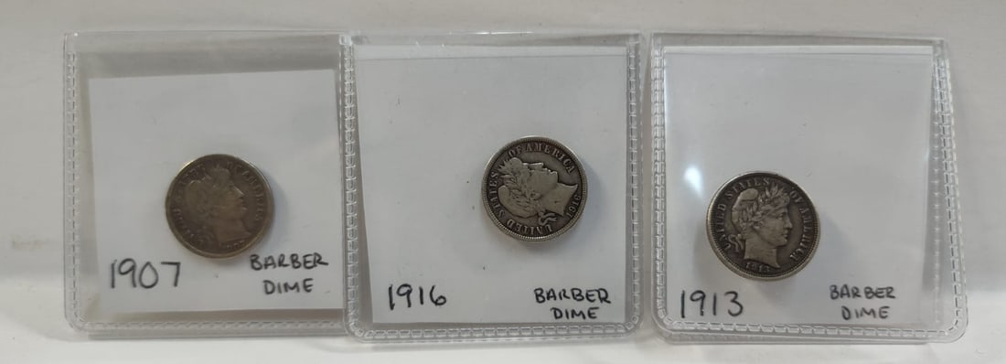 Lot of 3 US Silver Barber Dime Coins. (1 of 2)