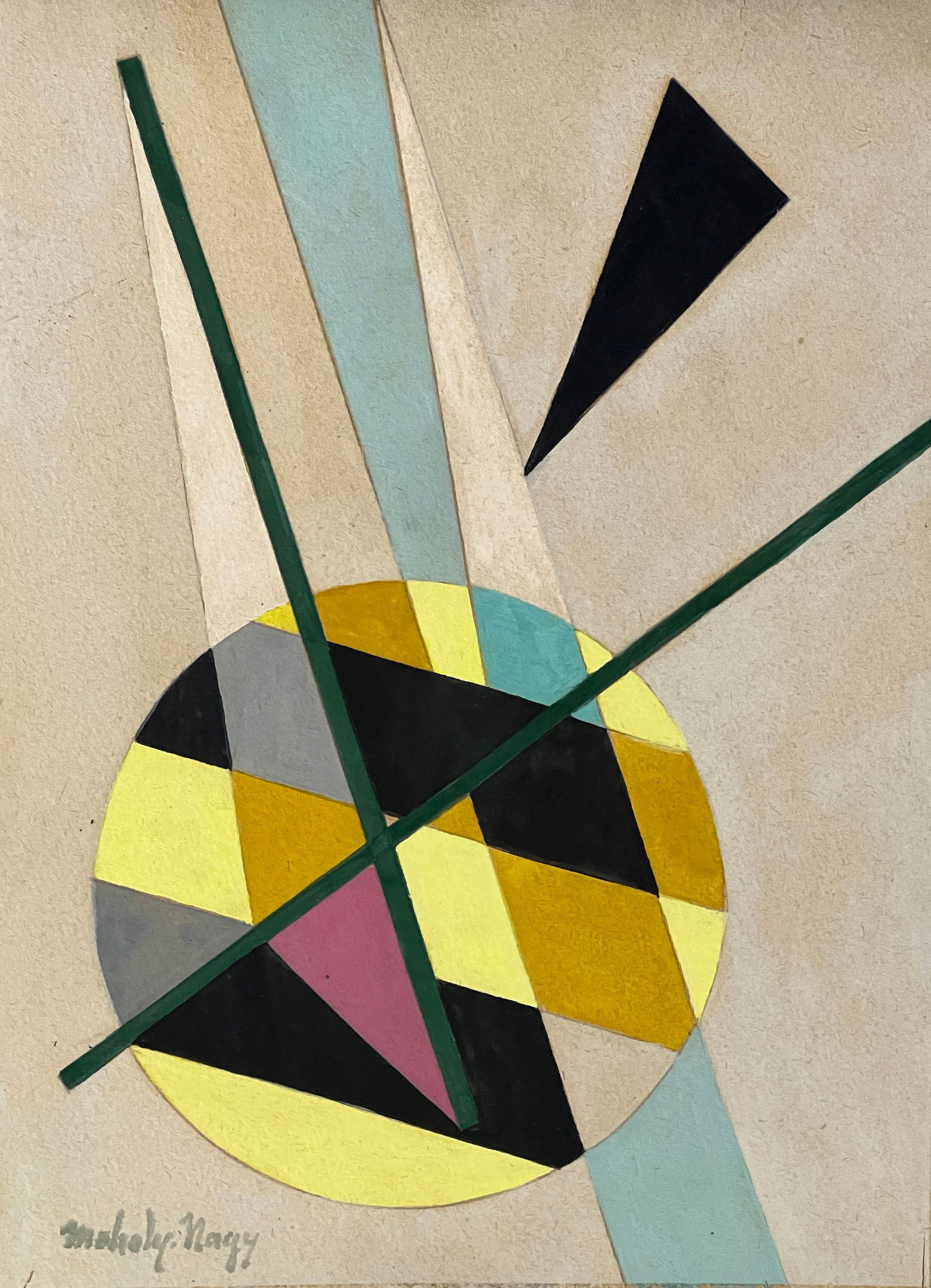 László Moholy-Nagy, Gouache on paper.: Attr. László Moholy-Nagy (1895-1946) Title: Untitled (Composition), Medium: Gouache on paper, Size: 11.75" H x 8.50" W (inches), Date: ca. 1940-45. This lot is accompanied by a COA and is not a repr