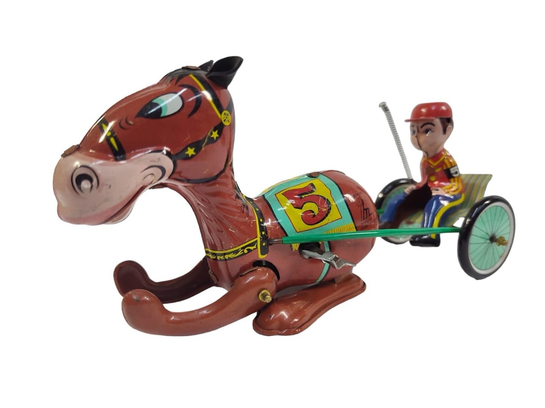 Vintage Tin Wind Up Toy Race Horse Toy by Mikuni Japan.: Vintage Tin Wind Up Toy Race Horse Toy by Mikuni Japan. Wind up works. Toy has some wear but displays very nice. Approx 7 in Long.