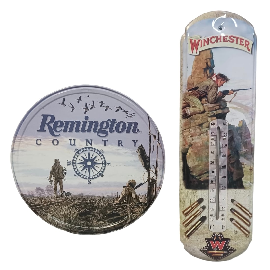 Lot of 2 Tin Hunting / Rifle Advertising Winchester & Remington.: Lot of 2 Tin Hunting / Rifle Advertising Winchester & Remington. Lot includes a round tin Remington advertising sign (11.75") Diameter. It also includes a Winchester advertising thermometer (17.5" x 5