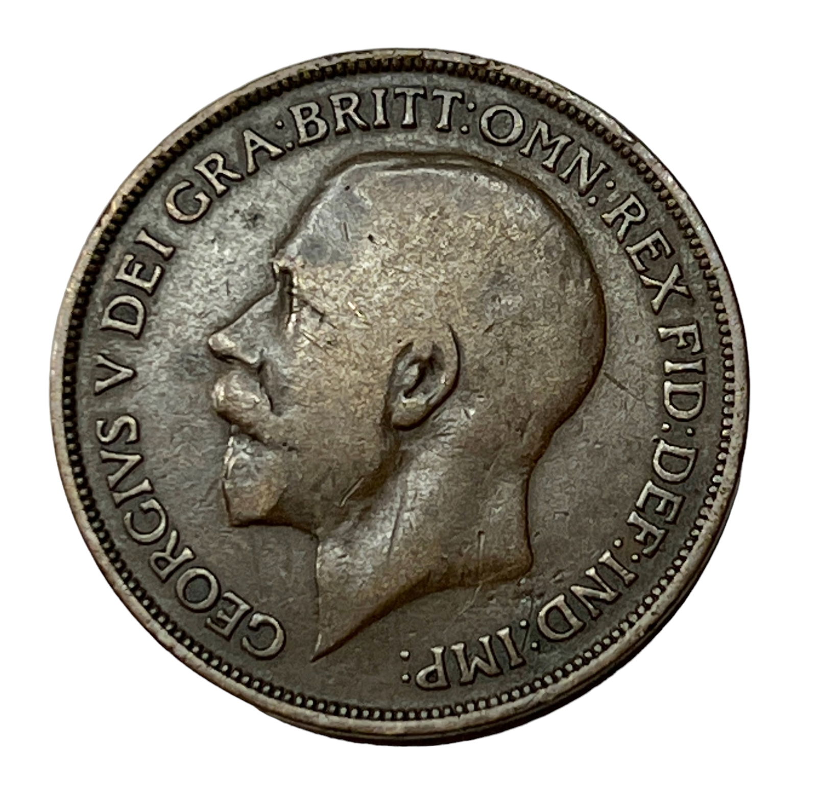 "GEORGIVS V DEI GRA BRITT" 1918 Half Penny: George V (George Frederick Ernest Albert; 3 June 1865 - 20 January 1936) was King of the United Kingdom and the British Dominions, and Emperor of India, from 6 May 1910 until his death in 1936. George